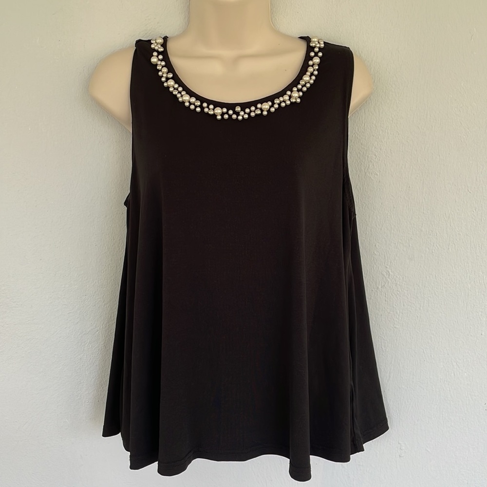 Forever 21 black beaded pearl collar sleeveless stretchy blouse size small - Picture 2 of 7